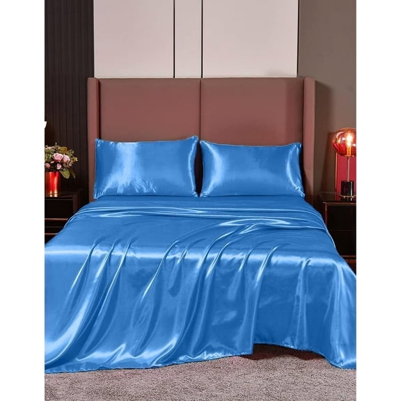 Cloud Fino Silk Satin Sheet Set- 6 Piece Sheet Set- Cal-King Size Sheet Set- Rich Quality 20" Deep Pocket Sheets- Luxury Hotel Bed Sheets- Medium Blue