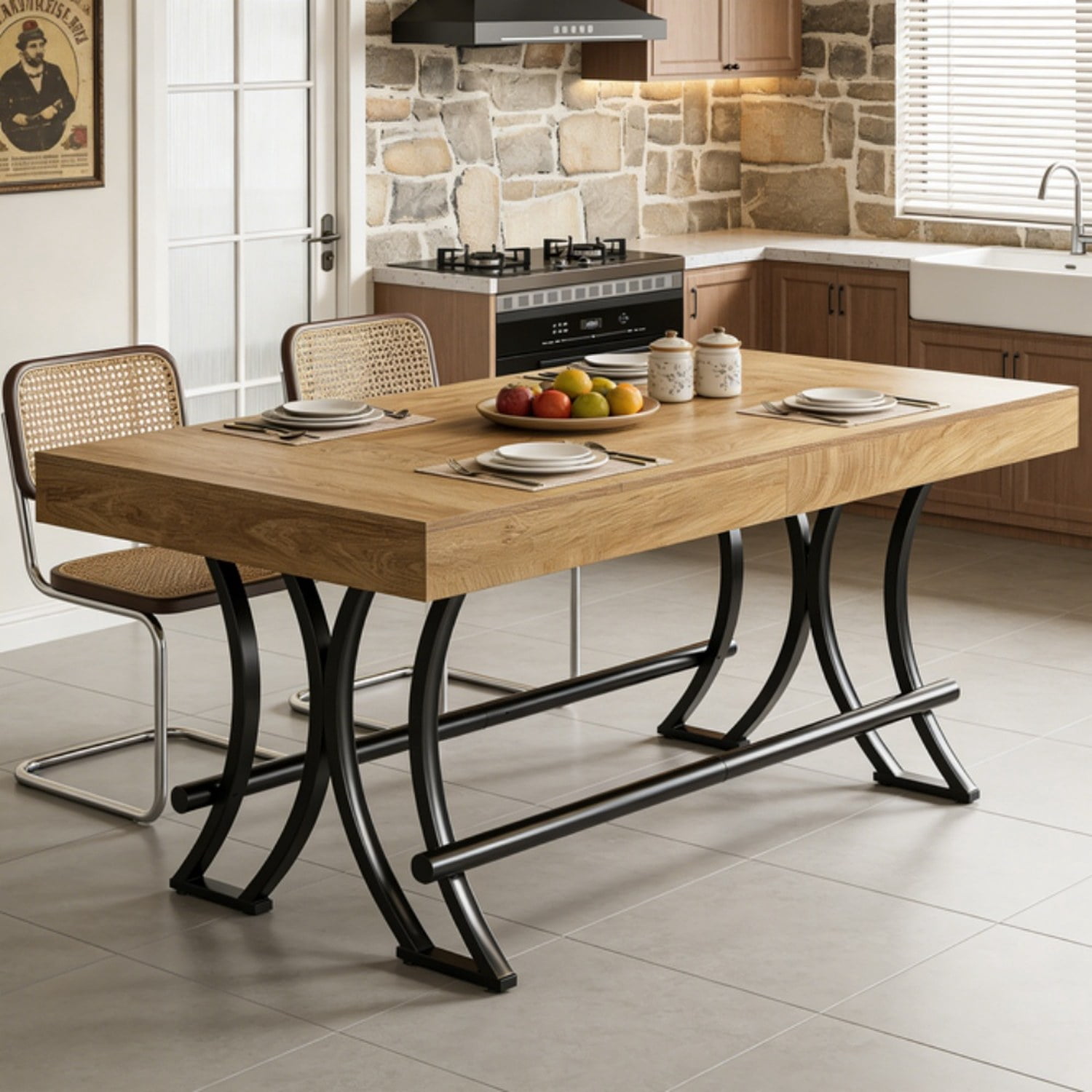 Dining Table, 63 in Rectangular Counter Height Table with Metal Footrest, Industrial Farmhouse Style, Seats 6-8