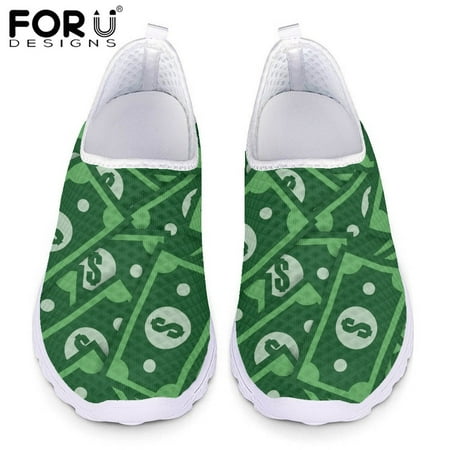 

FORUDESIGNS Fashion Ladies Flat Shoes Cartoon Banknote Pattern Ladies Flat Slip-on Shoes Casual Mesh Breathable Summer Sneakers