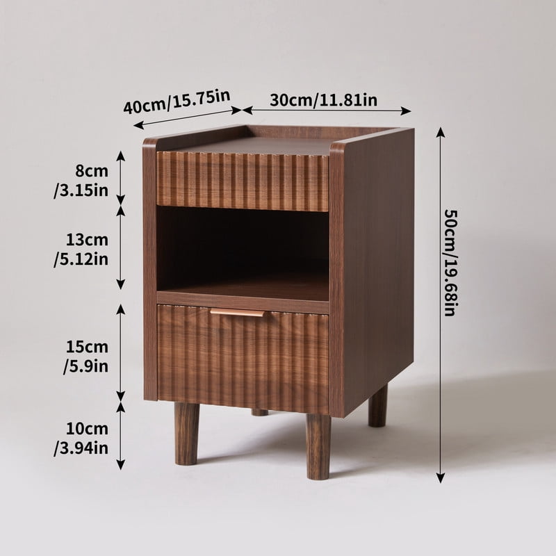 Set of 2 Nightstand with Fluted Drawers, Bedroom Bedside Table with Open Storage, Modern Living Room Small End Table
