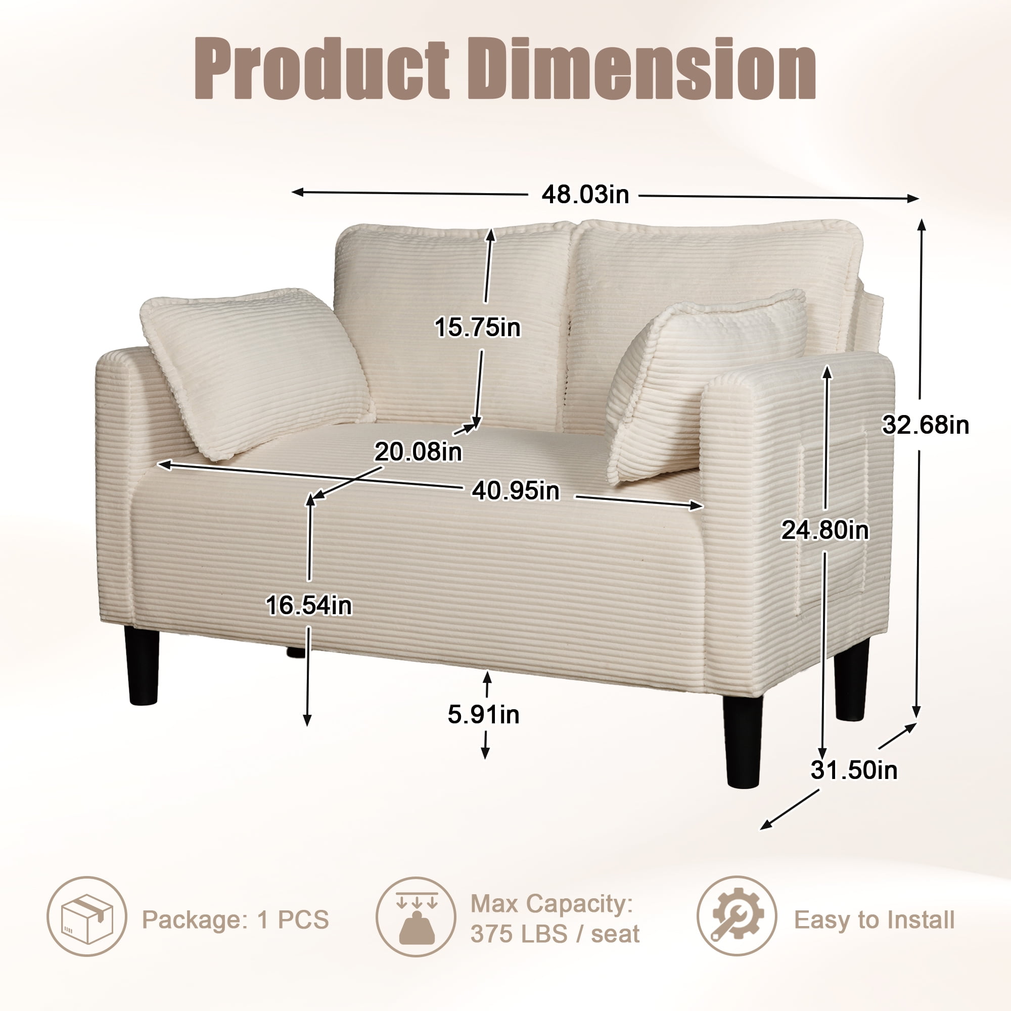 Jopath Sofa 48" Soft Corduroy Loveseat Couch W/Soft Cushions,Side Storage Pocket,Sturdy Composite Board & Solid Wood Frame, High Rebound Sponge,Ideal For Living Room,Apartment,Dorm White