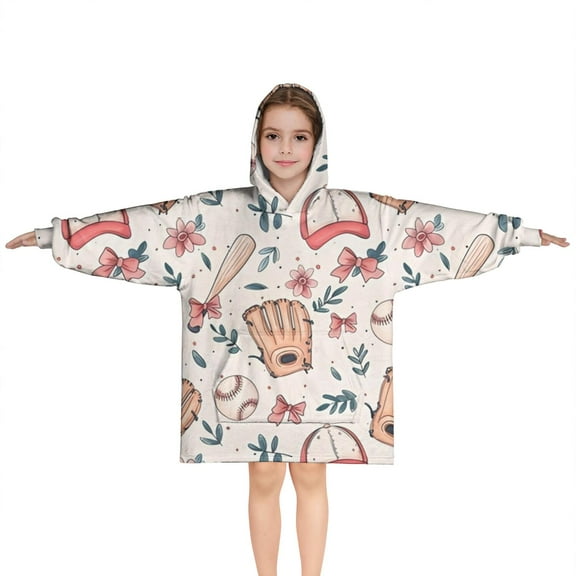 Pink and Blue Baseball Items Pattern Blanket Hoodies for Kids 6-13YR Oversize Wearable Blanket Hoodies for Boys Girls Teens