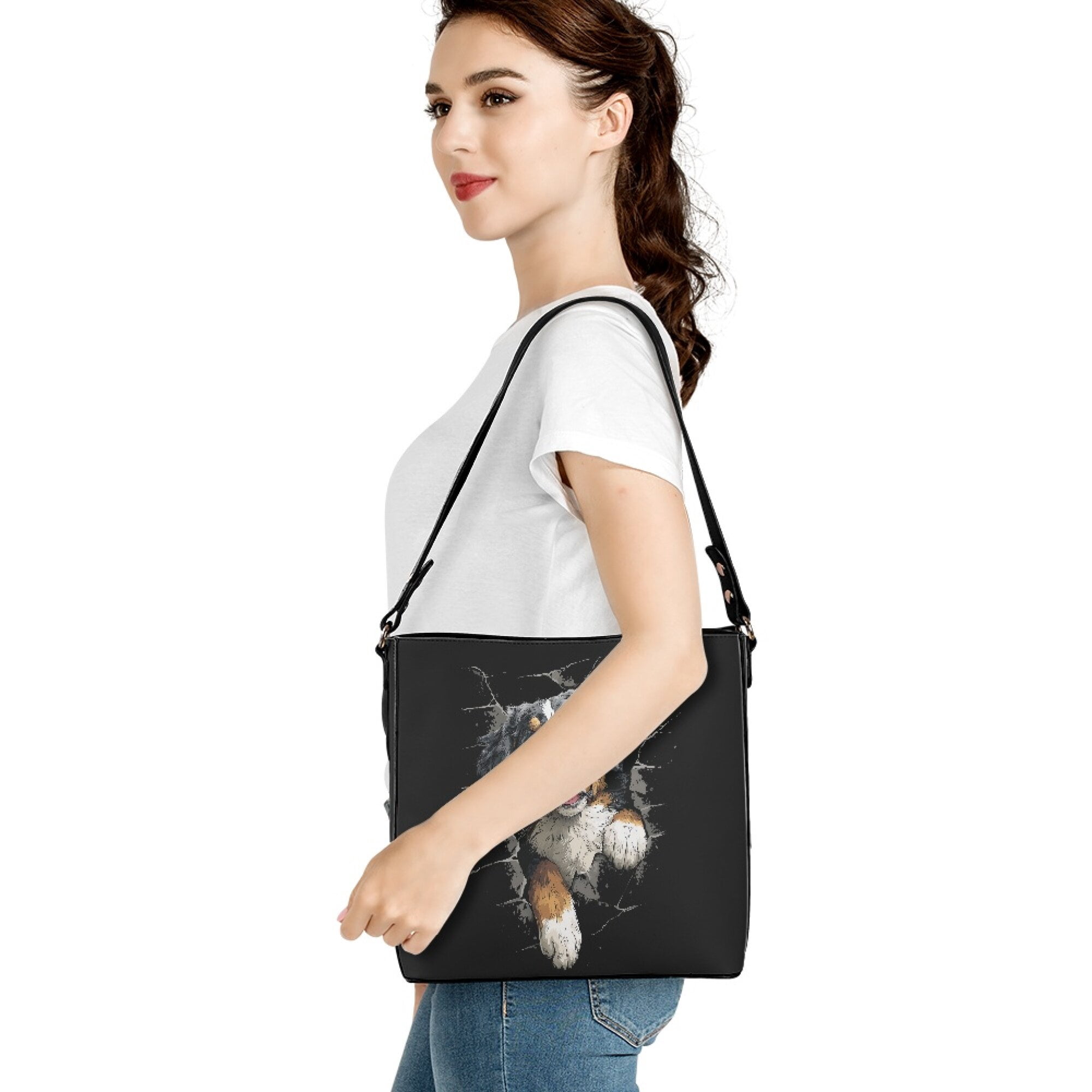 Kuiaobaty Bernese Mountain Dog Print Bucket Crossbody Bag for Women Large Capacity Bucket Tote Bag with Adjustable Strap Leather Shoulder Bags Hobo Purse for Travel, Black