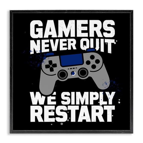 Stupell Industries Gamers Never Quit Phrase Quotes and Sayings Painting Black Framed Art Print Wall Art, 12 x 12