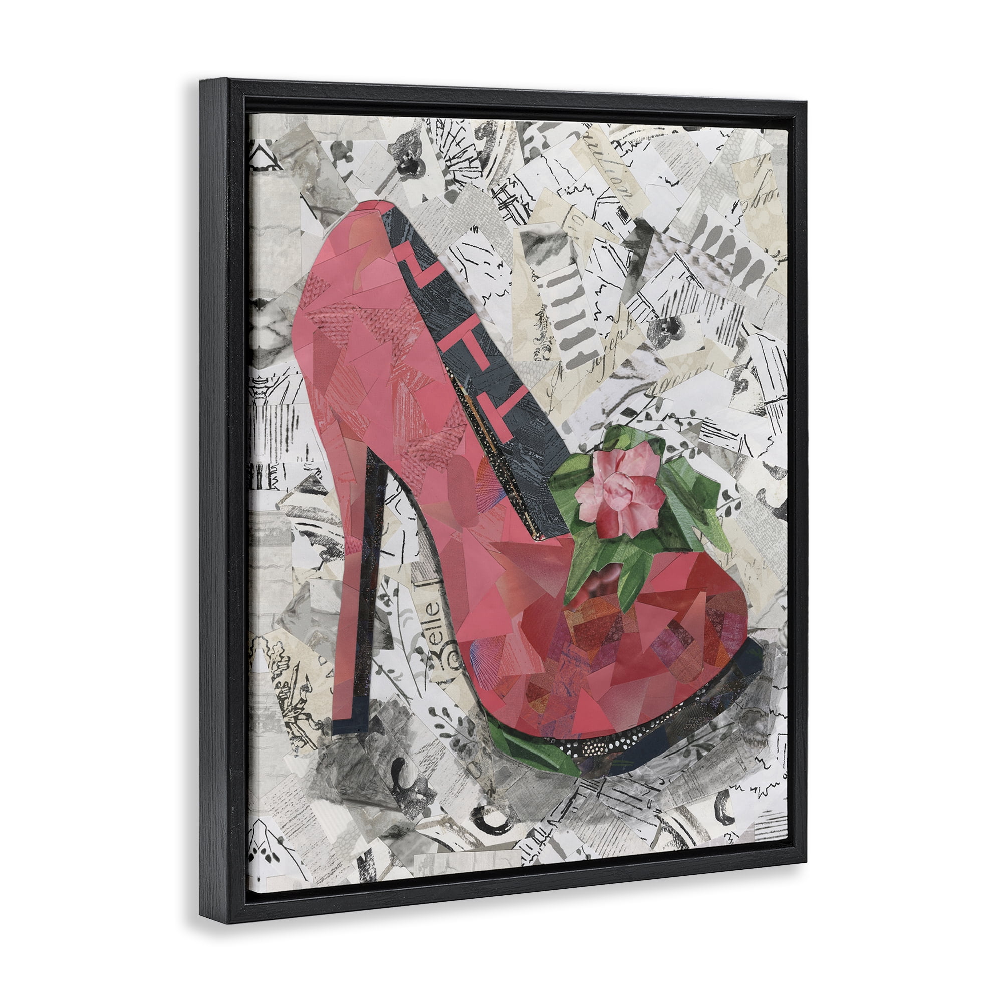 Stupell Industries Collaged Pink Heel Fashion Painting Black Floater Framed Canvas Art Print Wall Art, 25 x 31