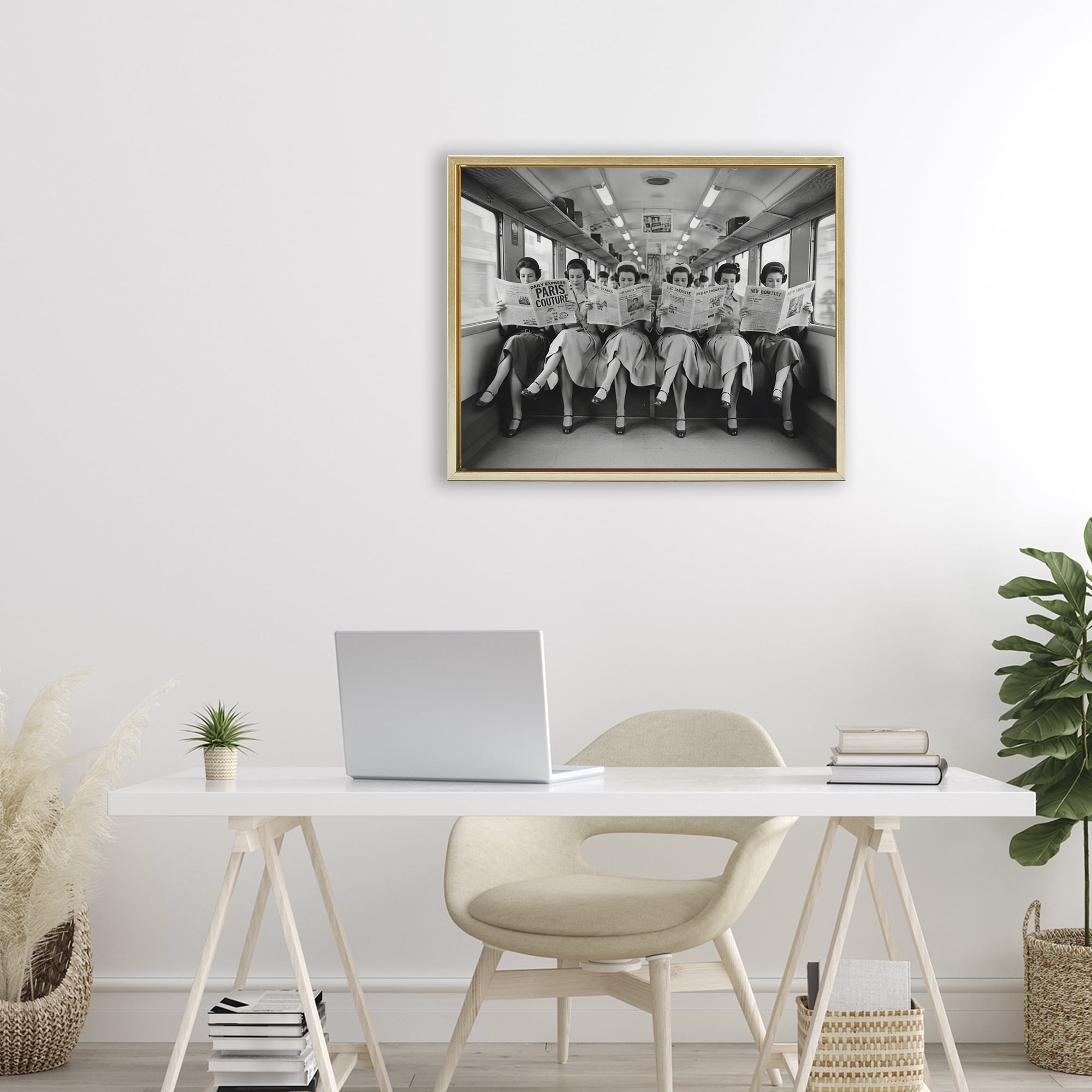 Stupell Industries Newsprint Ladies on Train Gold Framed Floater Canvas Wall Art, design by A Barefoot Stylist