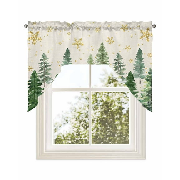 Rustic Christmas Tree Kitchen Curtains Swag Valance for Windows/Bathroom/Cafe, Winter Watercolor Gold Snowflakes Rod Pocket Drape Panel Swag Curtains Valance for Bedroom/Living Room 56"x36"