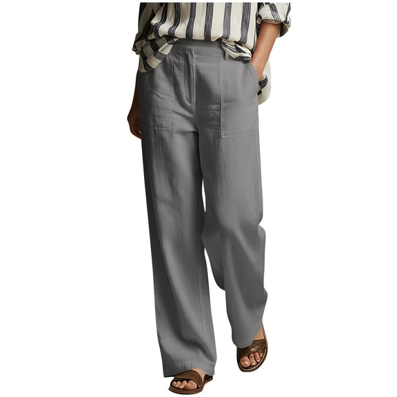cocolona Womens Summer Casual Linen Pants Straight Elastic Waist Lounge Beach Pants with Pocket