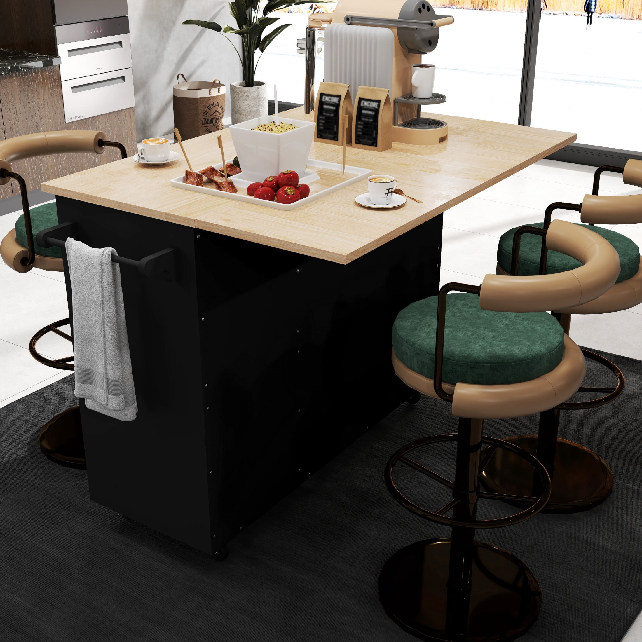 50.4" Kitchen Island with Storage,  Expandable Solid Wood Top Cart with Drop Leaf and Wheels, Black
