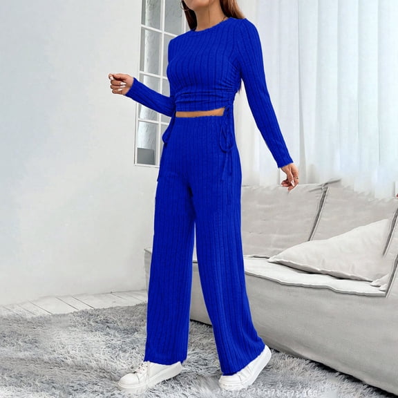 Womens Clothes Women's Fashion Round-Neck Casual Set Casual Top Blouse And Pants Two-Piece Sportswear,Blue S