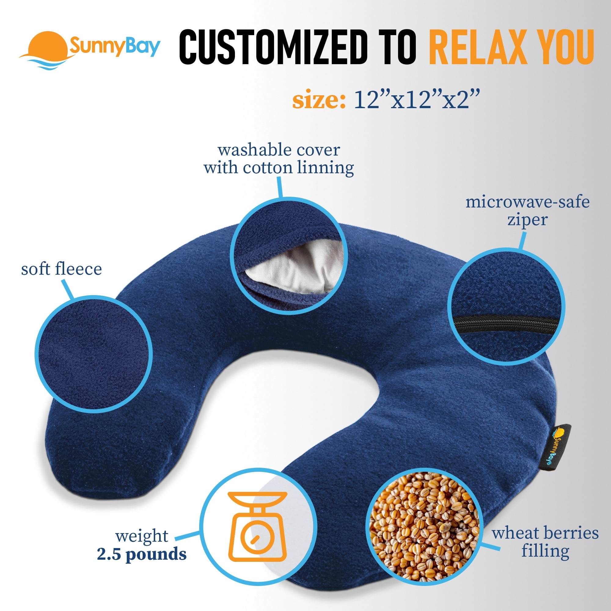 SunnyBay Microwave Heating Pad, Microwavable Heated Neck Pillow for Moist Hot Therapy, Heated Neck and Shoulder Wrap with Washable Cover, 12"X12"X2", 2.5 lbs, Navy Blue