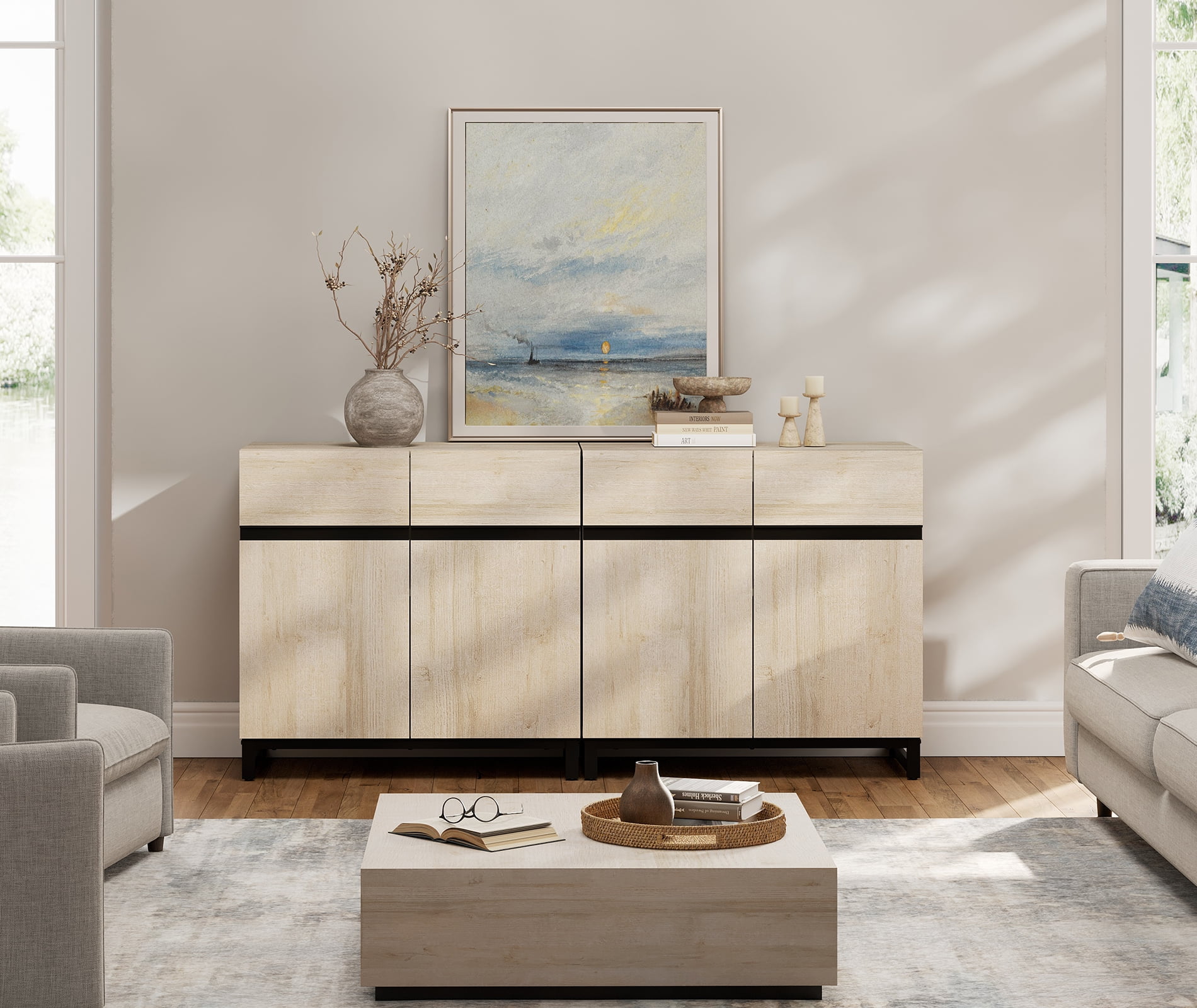 WAMPAT Modern TV Stand for TVs up to 70 inch, 2 in 1 Entertainment Center TV Console with Adjustable Shelves and Metal Base for Living Room,Bedroom,Beige
