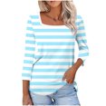 thumbnail image 2 of Tops for Women under $10 Three-Quarters Sleeved Square Neck Stripe Printed Top Light Blue XXXXL, 2 of 6