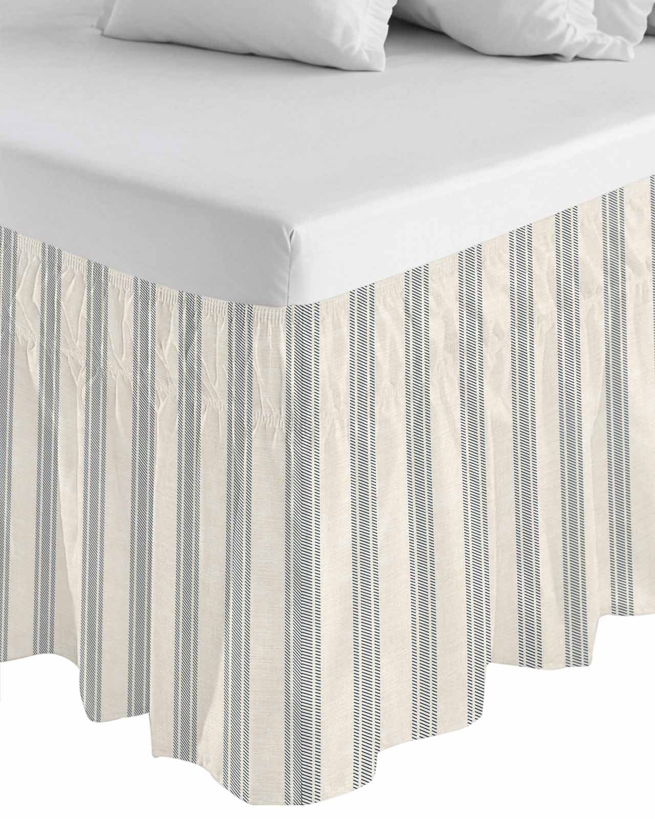 Blue Striped Bed Skirt Queen Size, Modern Farmhouse Stripes Rustic Wrap Around Bed Skirting with Adjustable Elastic Strap, Dust Ruffle Pleated Bedskirts 16 Inch Drop for Bedroom Queen Beds