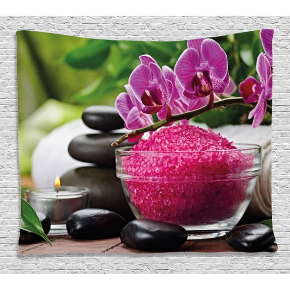 Spa Decor Tapestry, Black Zen Stone Triplets with Asian type Orchids and Fuchsia Salt, Wall Hanging for Bedroom Living Room Dorm Decor, 60W X 40L Inches, Fuchsia Black and Green, by Ambesonne