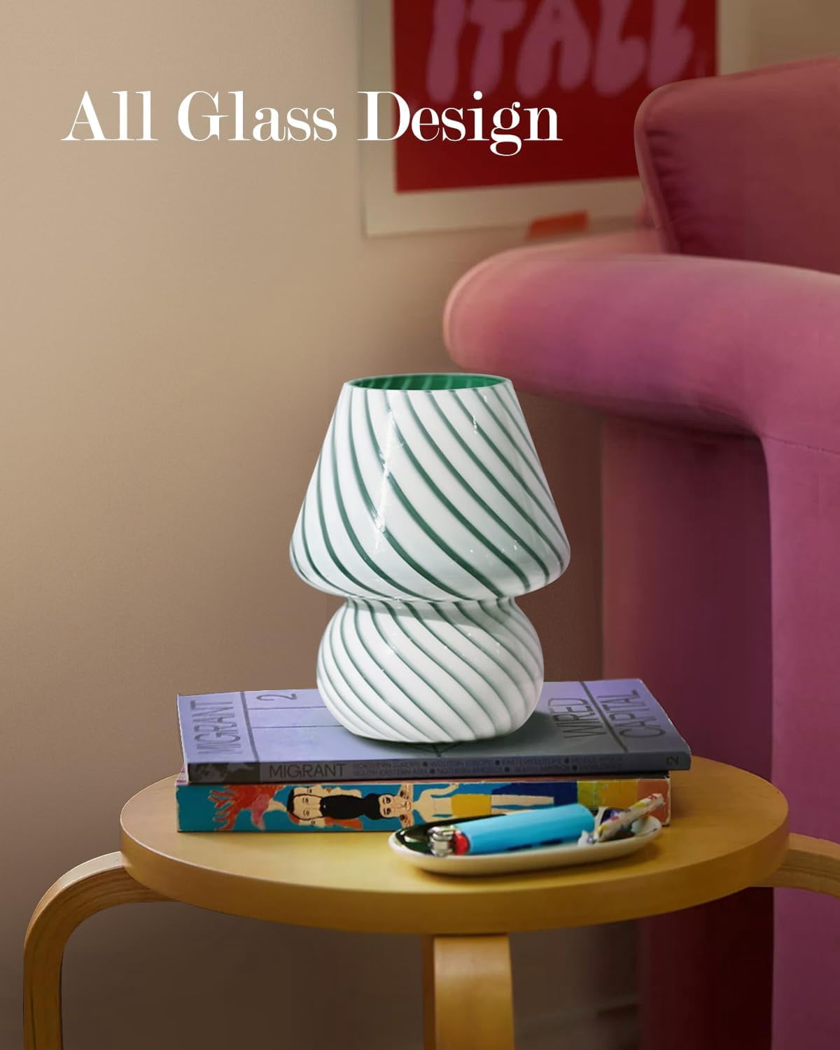 Mushroom Lamp, Small Bedside Lamp with Striped Glass, Nightstand Lamp for Bedroom Living Room, Home Decor, Gift, Green Striped