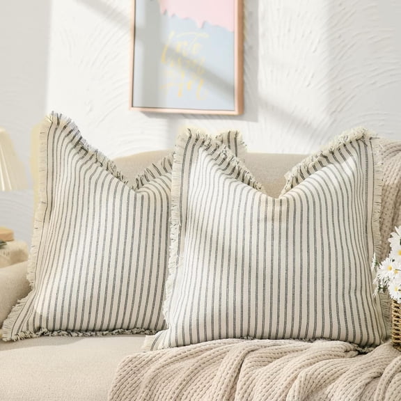 Wrongduck Throw Pillow Covers 18x18 Set of 2 Striped Pillow Covers with Fringe Chic Cotton Decorative Pillows Square Cushion Covers for Sofa Couch Bed Living Room Farmhouse Decor