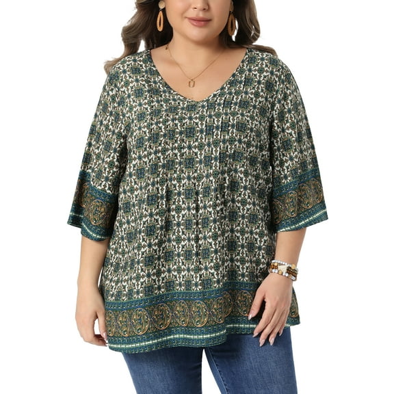Agnes Orinda Women's Plus Size Bohe Tops Floral Print V Neck 3/4 Sleeve Dressy Top Casual Work Tunic Blouses 1X Green