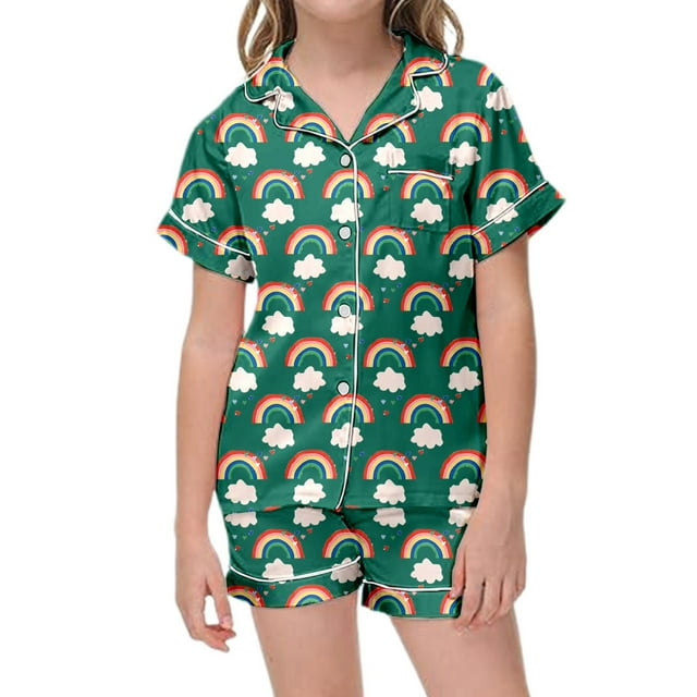 Ensemble de Pyjama et Shorts à Manches Courtes Imprimé Arc-en-Ciel pour Filles