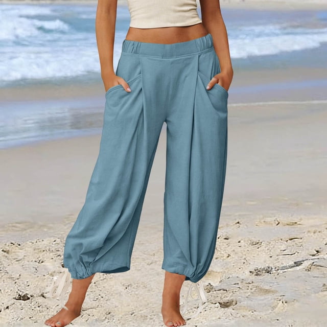 TaTaai Women's Solid Color Loose Fit Elastic Waist Beam Foot Long Pants Comfortable Casual Trousers with Convenient Side Pockets Versatile Daily Sports and Lounge Pants Gift