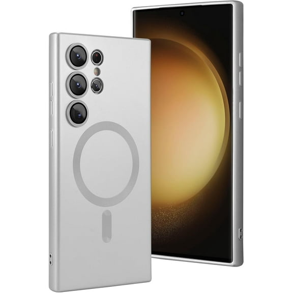 for Samsung Galaxy S24 Ultra Magnetic Case with Camera Lens Protector [Compatible with Magsafe] Metallic Paint Anti-Fingerprint Shockproof Protective Case-Silver