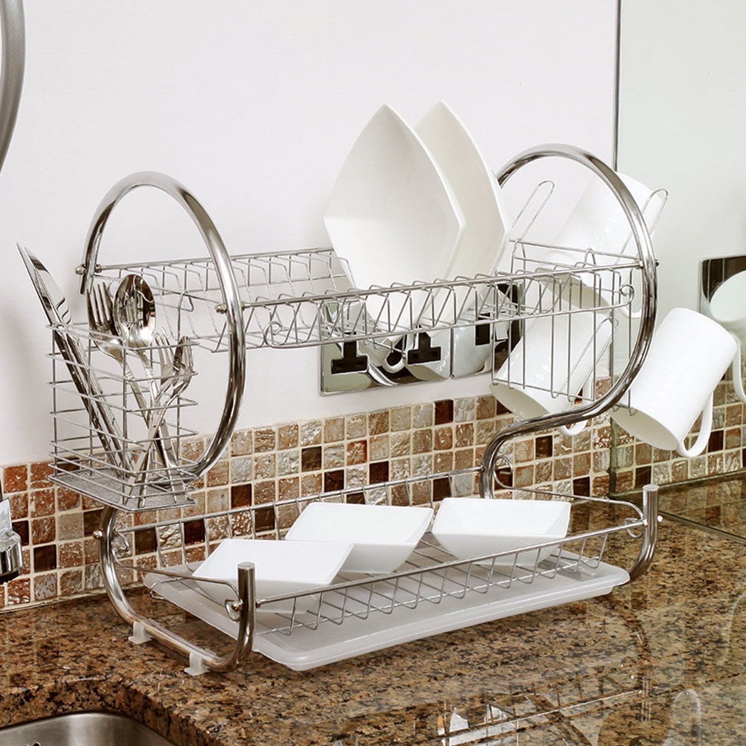 Home Basics Chrome 2 Tier Kitchen Sink Dish Drainer Drying Rack