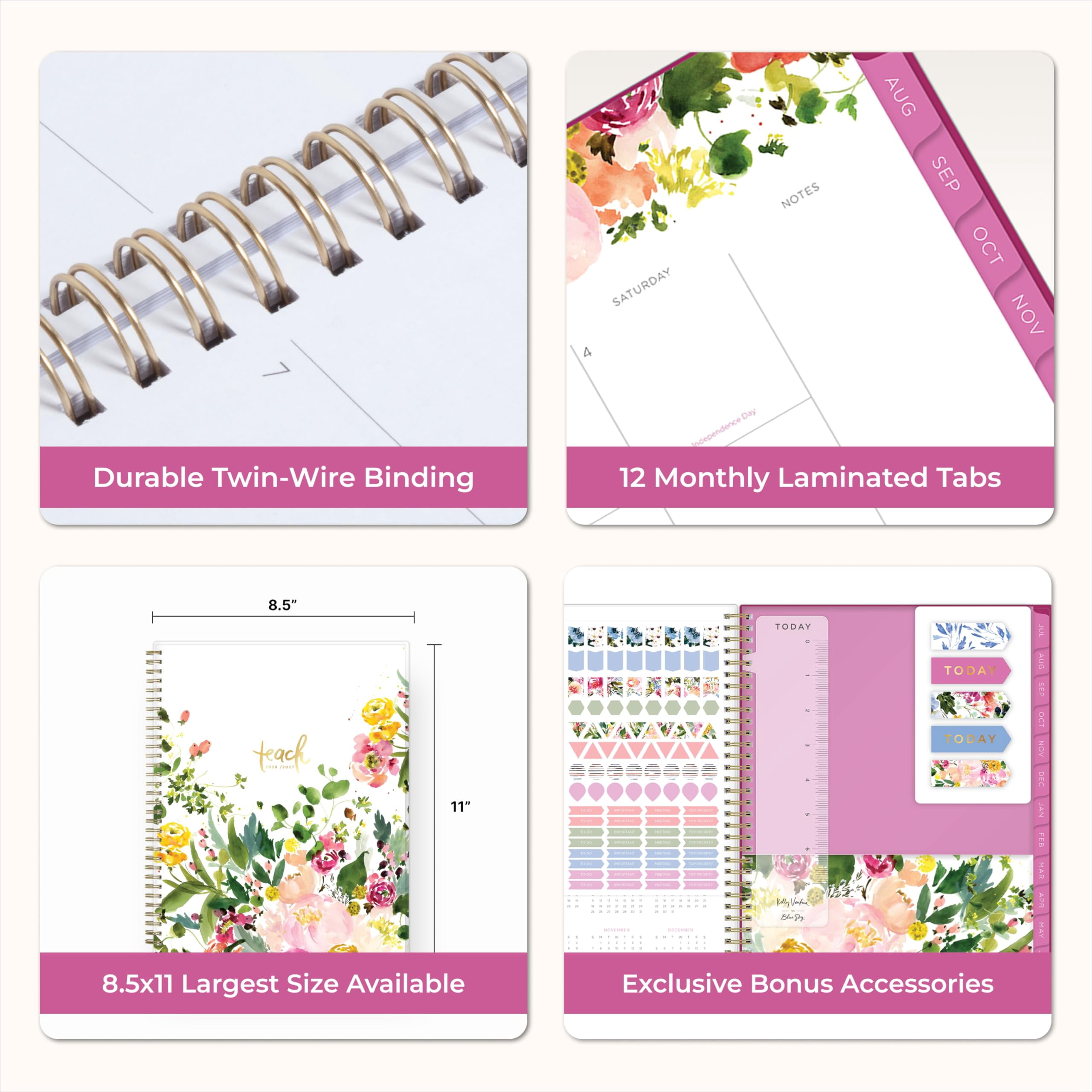 Blue Sky Kelly Ventura 2026-2027 Weekly and Monthly Academic Year Teacher Lesson Planner Calendar, July 2026 - June 2027, 8.5" x 11", Magnetic & Snap In Book Marks, Stickers, Summertime Brights