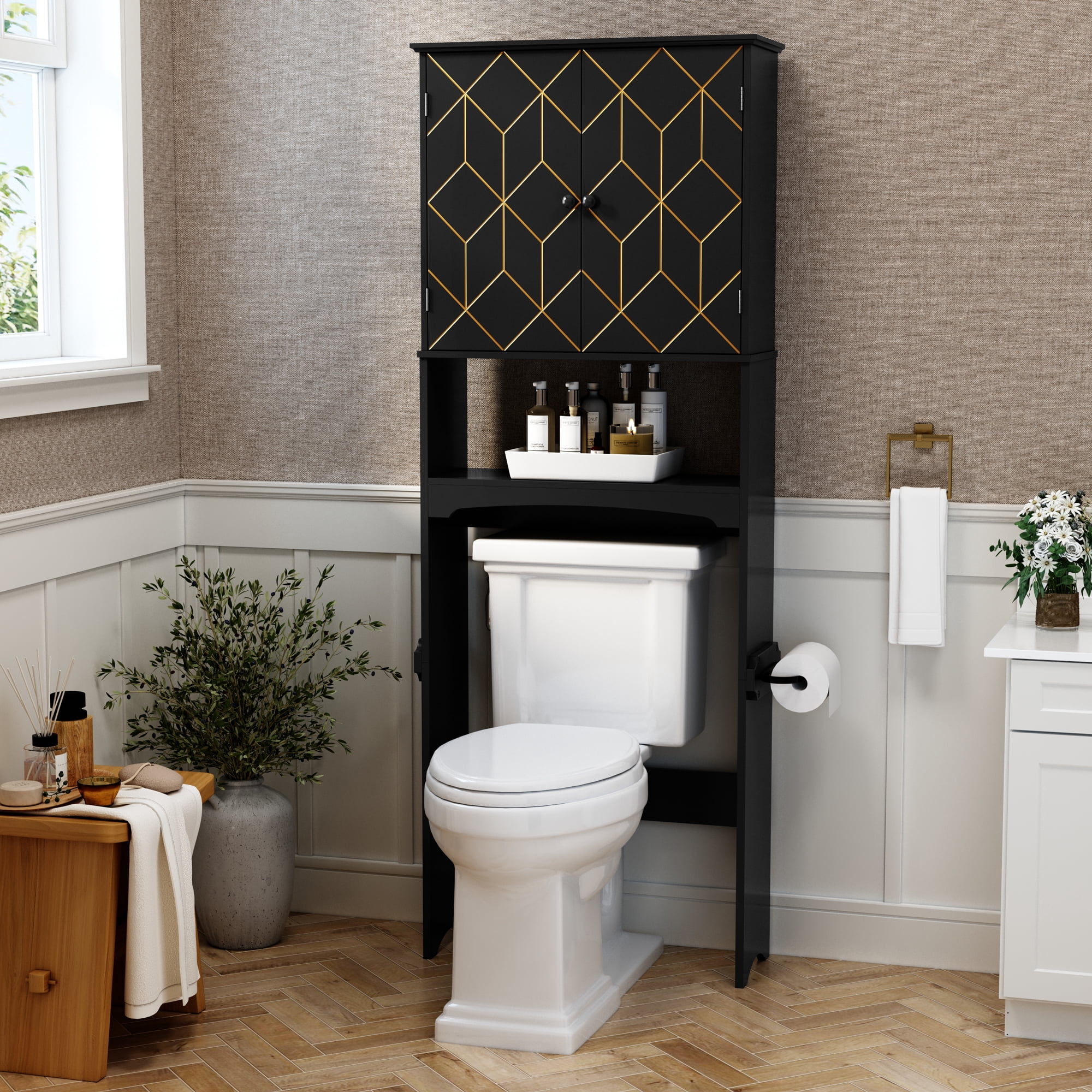 HLR Over The Toilet Storage Cabinet, Bathroom Above Toilet Storage Cabinet with Doors and Adjustable Shelves, Black