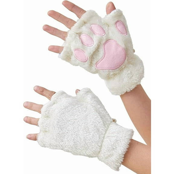 Women Girls Cat Paw Gloves, Faux Fur Cute Kitten Wolf Bear Claw Fingerless Winter Plush Gloves, Half Finger Cosplay Furry Cat Mittens