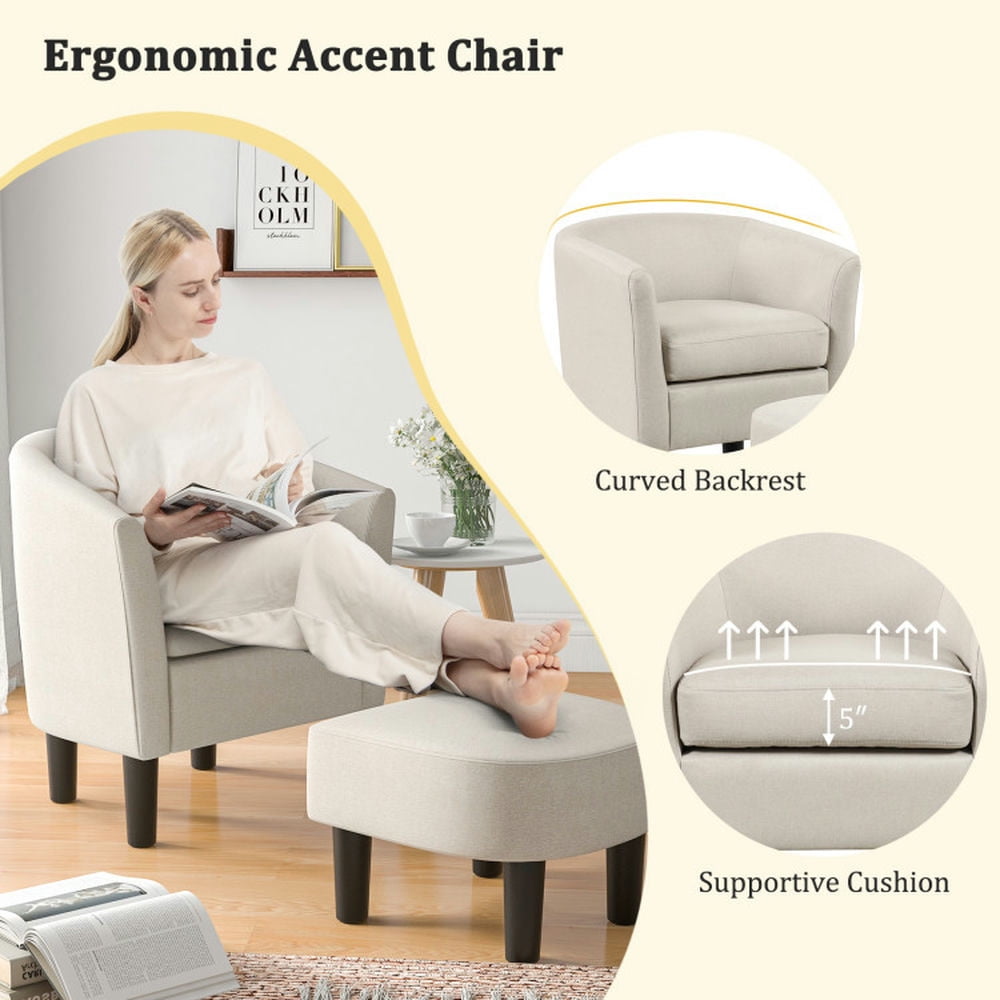 Finihen Accent Chair, Barrel Club Chair with Ottoman Set, Linen Fabric Accent Chair with Footrest, for Living Room, Bedroom, Beige Finihen Accent Chair, Barrel Club Chair with Ottoman Set, Linen Fabric Accent Chair with Footrest, for Living Room, Bedroom, Beige