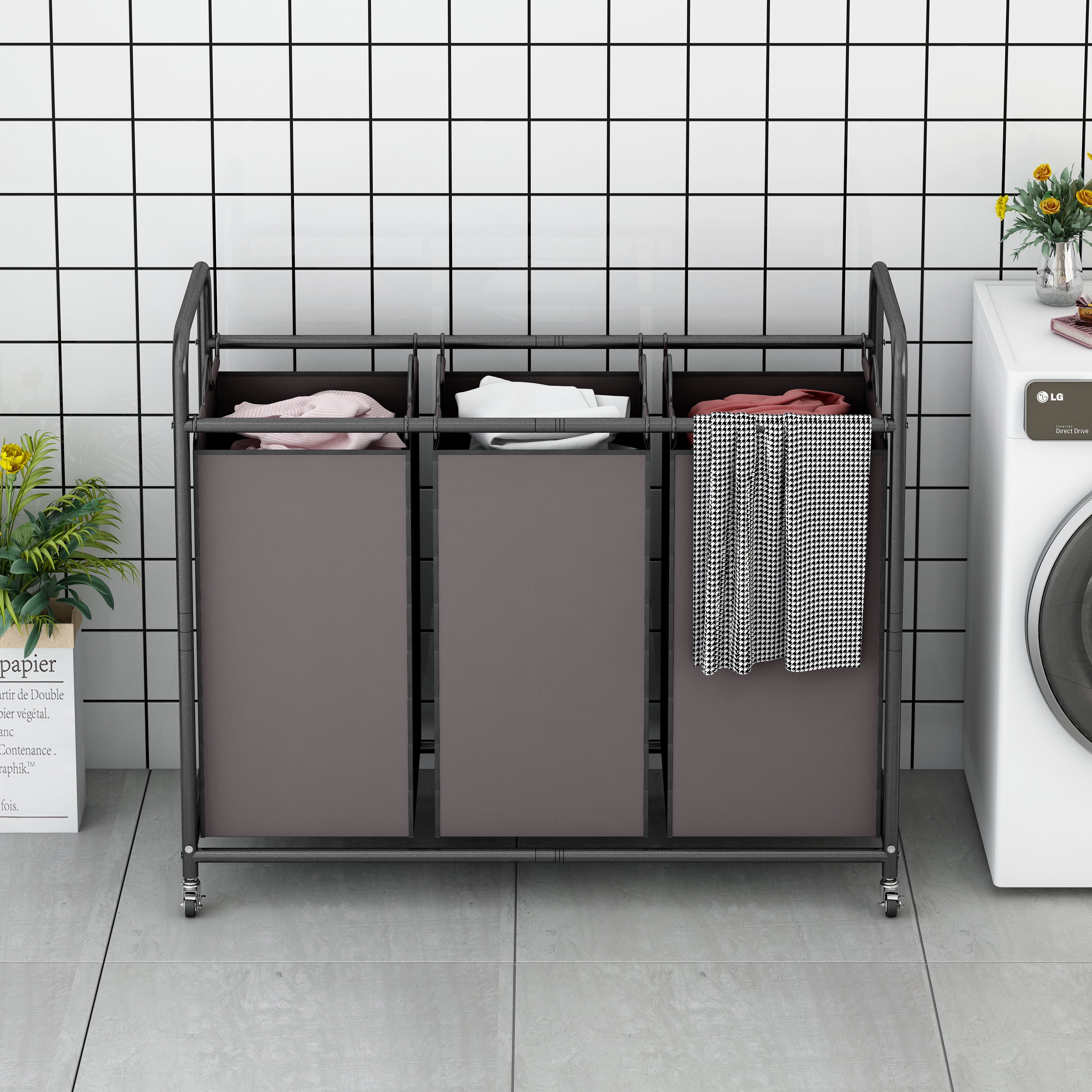 SUOERNUO 3-Bag Laundry Sorter Cart with Wheels – Heavy Duty Rolling Hamper with Removable Bags for Laundry Room Organization (Brown)
