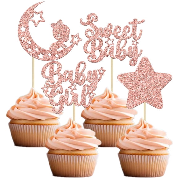 12Pcs Sweet Baby / Baby Girl Cupcake Toppers, Rose Gold Glitter Moon and Star Cupcake Picks for Twinkle Twinkle Little Star Baby Shower, Gender Reveal Party Decorations