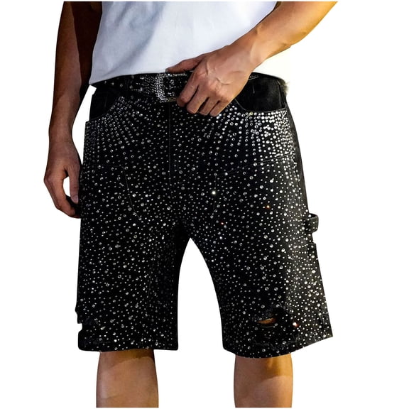 LEKWK Mens Sequin Shorts Sparkly Rhinestone Studded Rave Shorts Elastic Waist Loose Fit Party Shorts Bling Embellished Festival Club Night Outfits