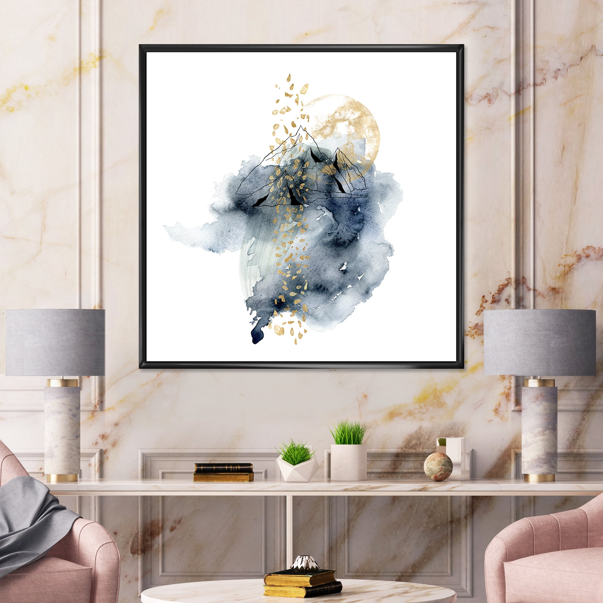 Designart 'Minimalistic Landscape of Moon With Mountains' Modern Framed Canvas Wall Art Print