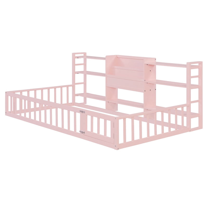 Twin Size Floor Bed with Integrated Bookcase and 3-Tier Storage Shelves, Low Profile Wood Toddler Bed Montessori Bed with Safety Guardrails for Boys Girls