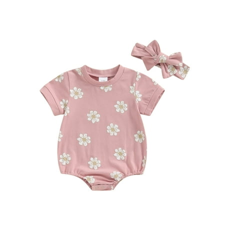 

ESASSALY Baby Girls Rompers Floral Round Neck Bodysuits with Headband