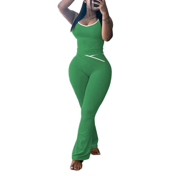 Two Piece Sets For Women Summer Contrast Binding Backless Crop Tank Top and Flare Pants Lounge Sets Tracksuit Women's Sleeveless Gym YogaOutfit Green L