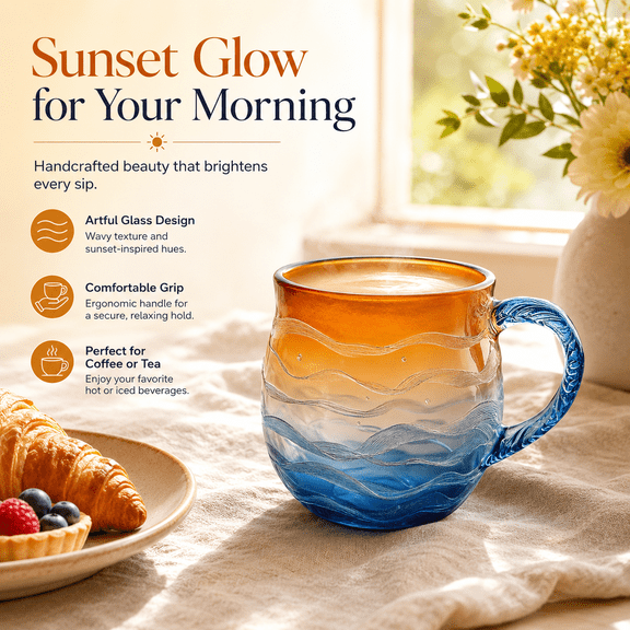 Handblown Sea Glass Sunset Mug - Wave Pattern Beach Themed Glass Mug, Handcrafted Inspired Drinkware, Durable Tea Coffee Mug, Perfect Gift for Beach Lovers, Home Kitchen Bar Decor Cup, 4in, Colorful