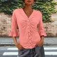 thumbnail image 2 of Women's Solid Color Pleated Trumpet Sleeve Top T-Shirt Blouse Summer Casual Daily Wear Crewneck Mid Sleeve Fashion Essential Gift for Women | Aestivo,Orange L, 2 of 9