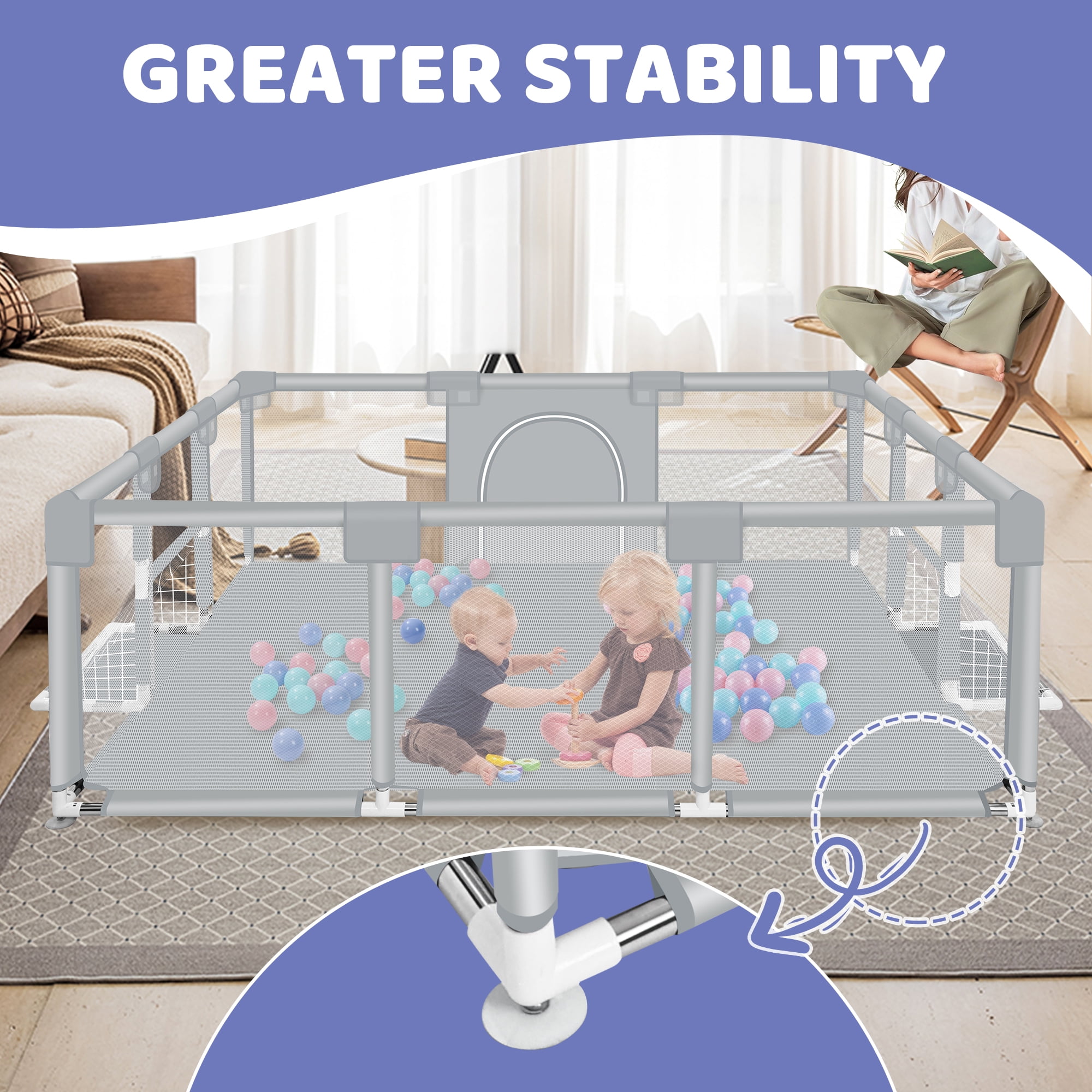 Baby Playpen, HDJ 71 inch Extra Large Baby Play Yard with Soft Breathable Mesh, Play Fence for Infant and Toddlers, Anti-Slip Base, Gray