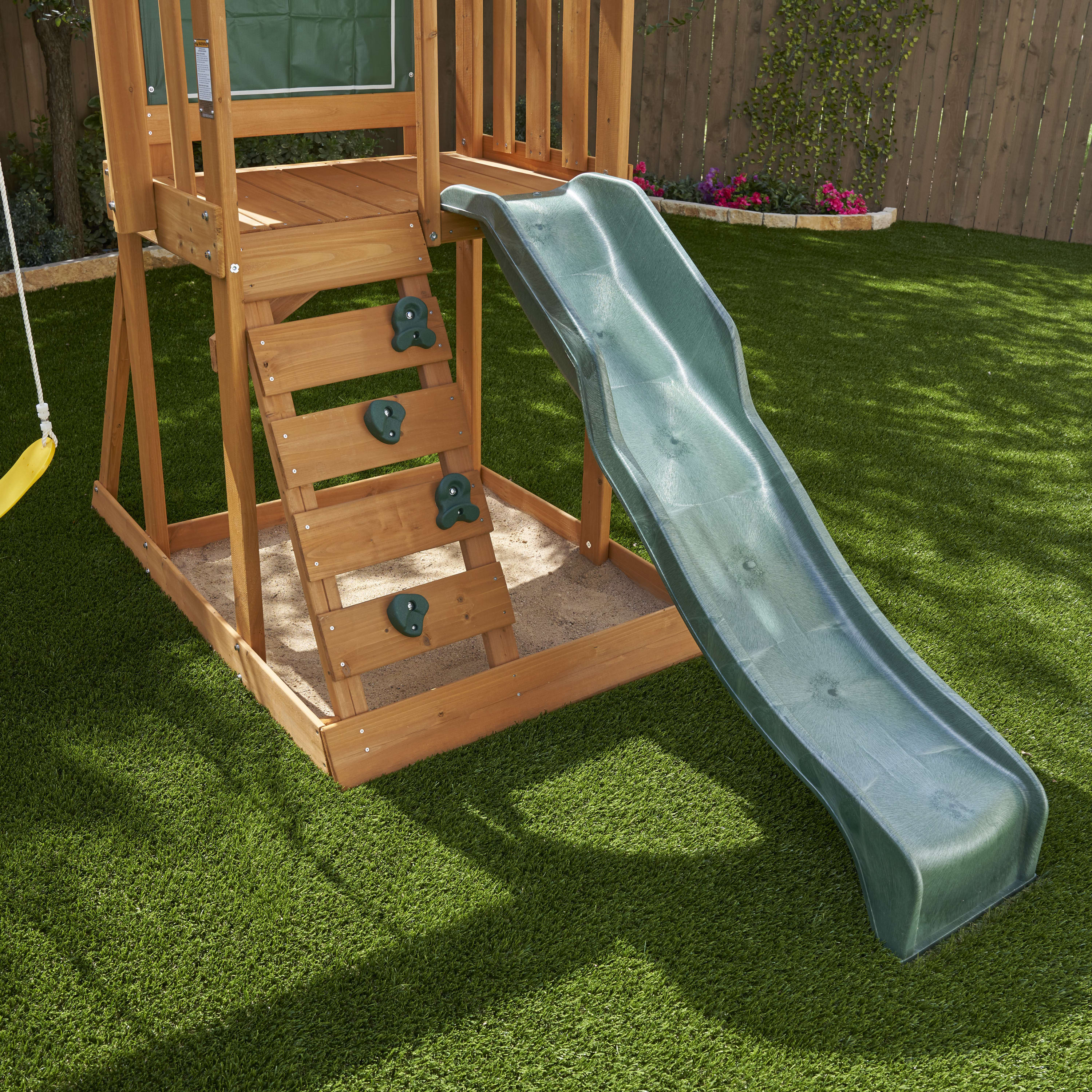 KidKraft Ainsley Wooden Outdoor Swing Set with Slide and Rock Wall - image 4 of 11