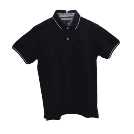 Tommy Hilfiger Men Short Sleeve Classic Fit Striped Collar Cotton Polo, Black, L