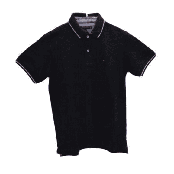 Tommy Hilfiger Men Short Sleeve Classic Fit Striped Collar Cotton Polo, Black, M