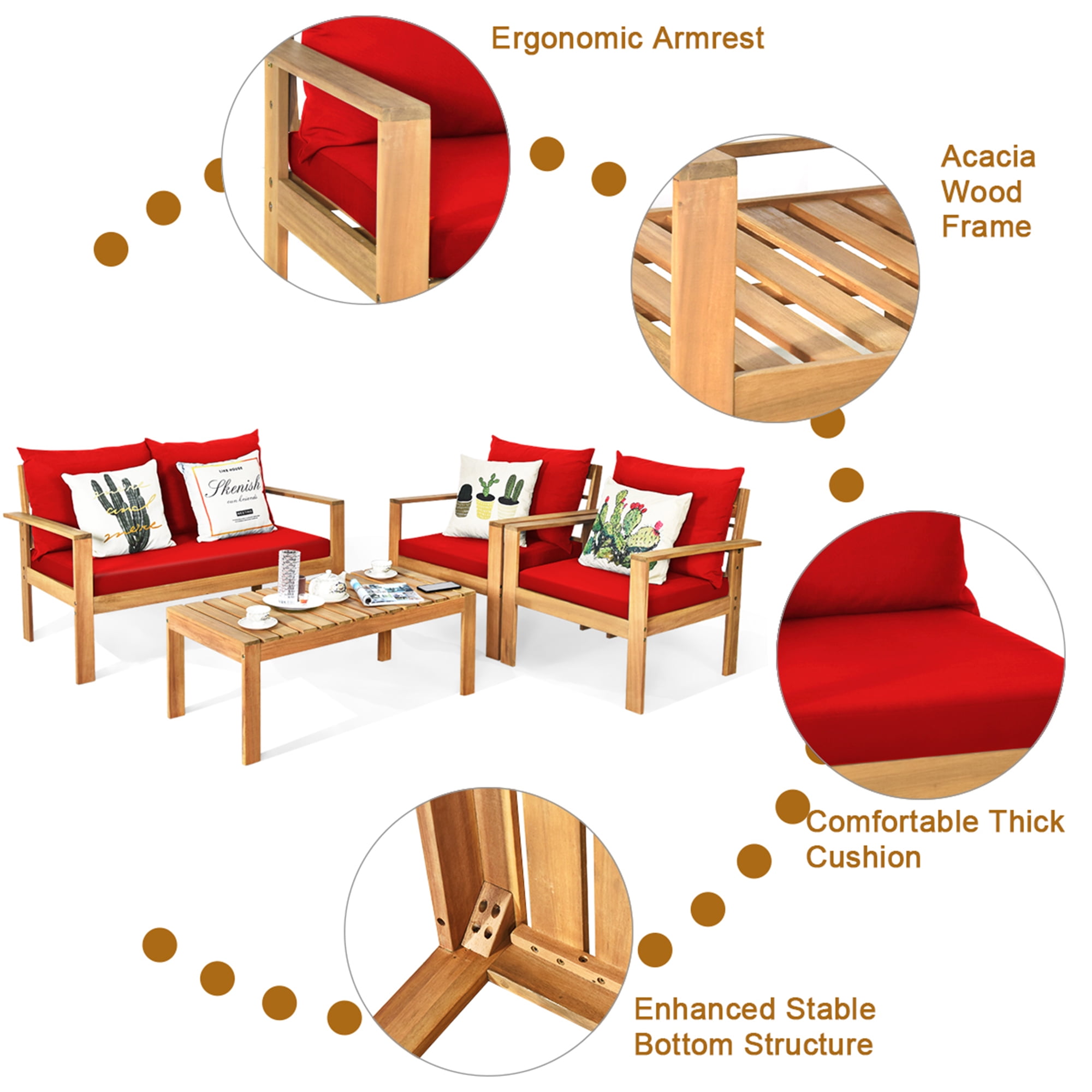 Gymax 8PCS Patio Acacia Wood Conversation Furniture Set w/ Red Cushions