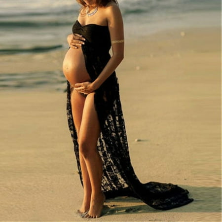 - Maternity Maxi Gown Pregnant Women Lace Dress Photography Photo Props Clothes Black S