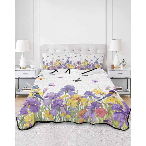 Quilts Queen Size, Purple Yellow Spring Floral Soft Comforter Bedding Set for Bed, Summer Botanical Birds Lightweight Quilted Bedspread with Pillow Cover(2 Pieces) for All Season, 90x96 Inch