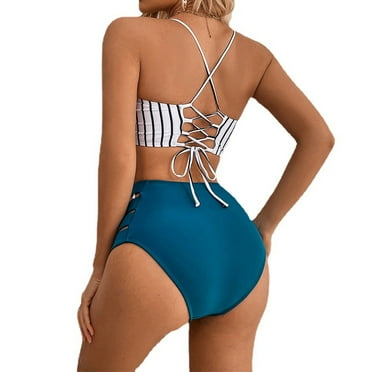 Women's Bikini Set with Braided Straps Back Striped Swimwear Cccanaooolceie