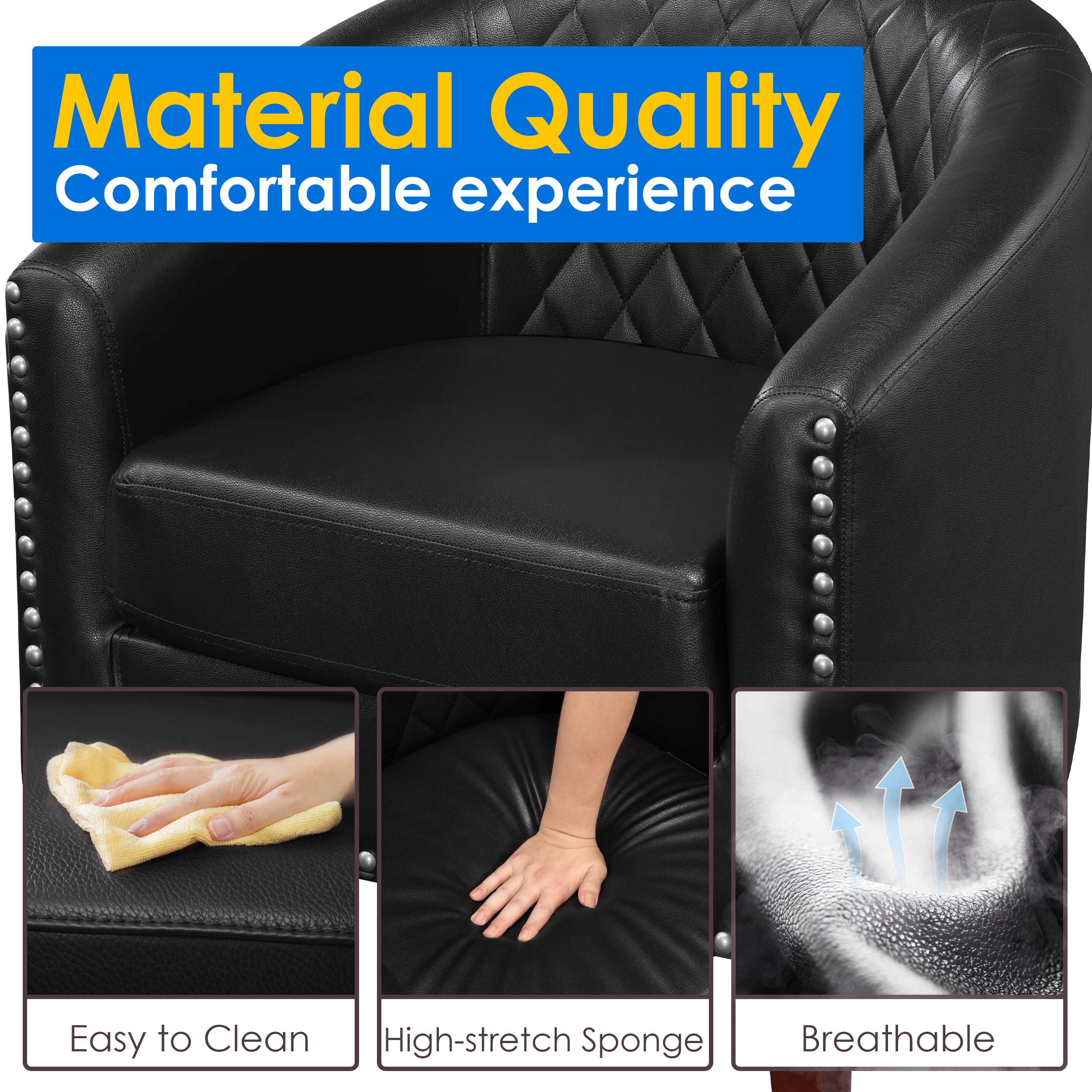TrumanPick Modern Barrel Accent Chair Faux Leather Club Chair with Solid Wood Frame for Living Room Chair,Black