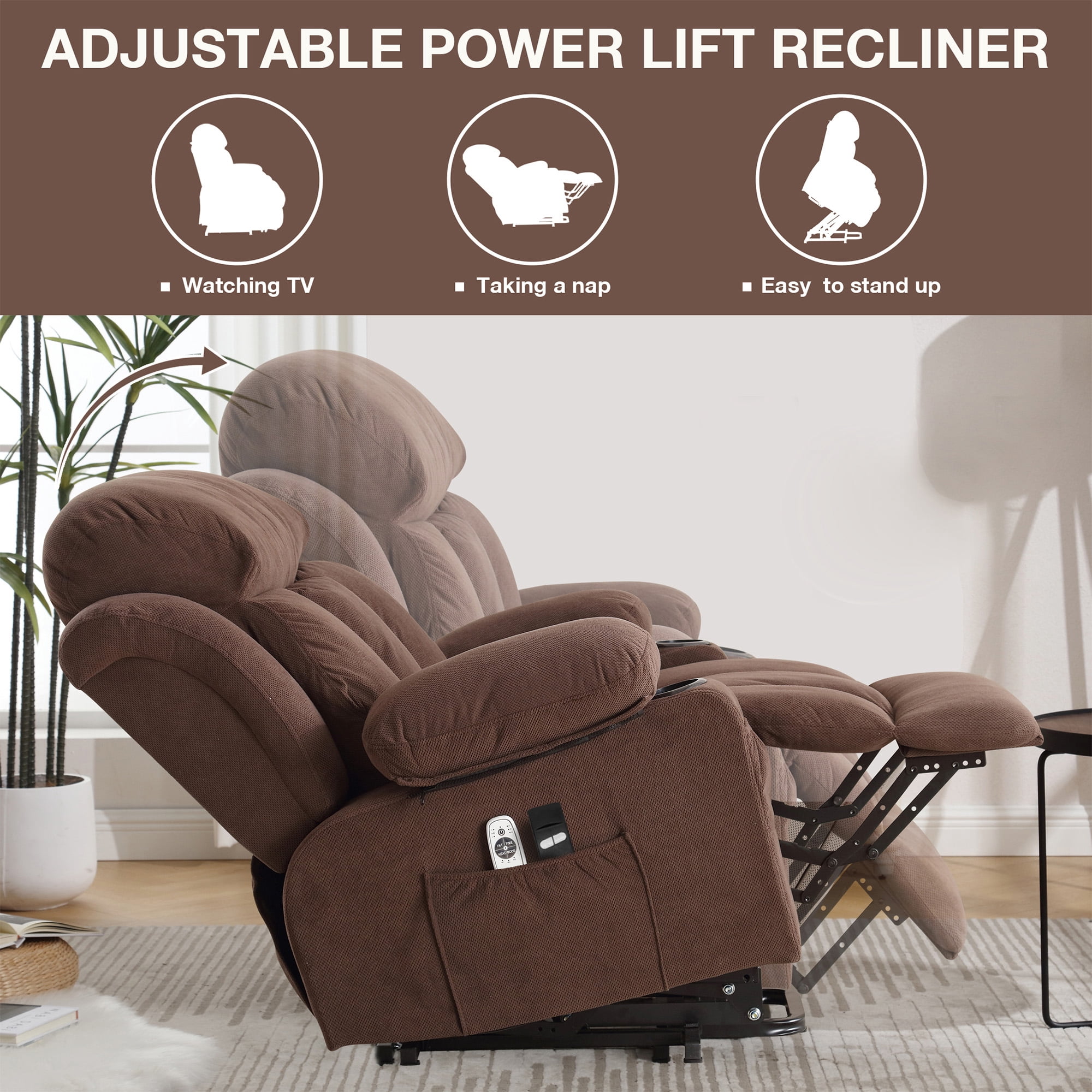 SEGMART Electric Power Lift Recliner Chair, Heavy Duty Classic Fabric Sofa Chair for Elderly, Ergonomic Lounge Single Sofa with Plush Extended Arms and Remote Control, 4 Positions,Brown