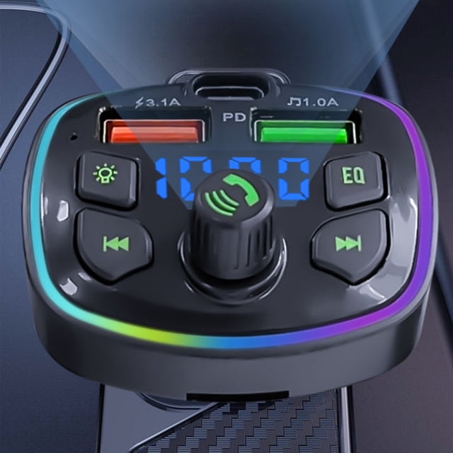 Binmer Multi-Functional FM Transmitter/Radio Adapter/Car Charger/Bluetooth Music Player, With RGB Colorful Atmosphere Lights,USB QC3.0 Charge And Type-C PD Charge
